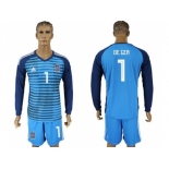 Spain #1 De Gea Blue Goalkeeper Long Sleeves Soccer Country Jersey