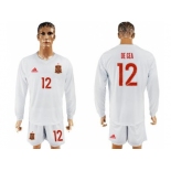 Spain #12 De Gea White Away Long Sleeves Soccer Country Jersey