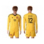 Spain #12 De Gea Yellow Goalkeeper Long Sleeves Soccer Country Jersey