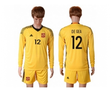 Spain #12 De Gea Yellow Goalkeeper Long Sleeves Soccer Country Jersey