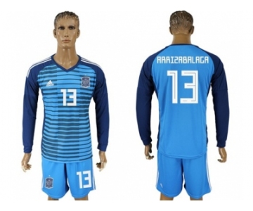 Spain #13 Arrizabalaga Blue Goalkeeper Long Sleeves Soccer Country Jersey