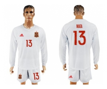 Spain #13 Mata White Away Long Sleeves Soccer Country Jersey