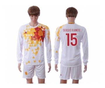 Spain #15 Sergio Ramos White Away Long Sleeves Soccer Country Jersey