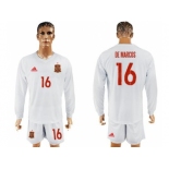 Spain #16 De Marcos White Away Long Sleeves Soccer Country Jersey