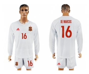 Spain #16 De Marcos White Away Long Sleeves Soccer Country Jersey