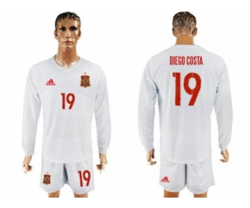 Spain #19 Diego Costa White Away Long Sleeves Soccer Country Jersey