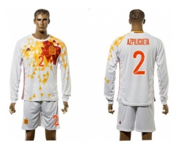 Spain #2 Azpilicueta White Away Long Sleeves Soccer Country Jersey1