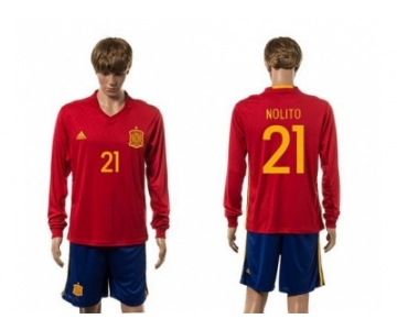 Spain #21 Nolito Red Home Long Sleeves Soccer Country Jersey