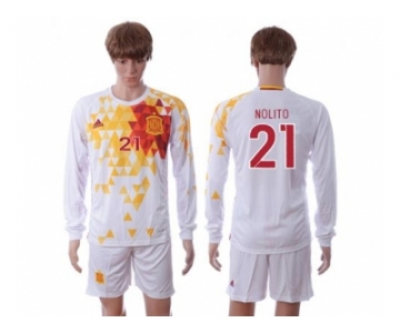 Spain #21 Nolito White Away Long Sleeves Soccer Country Jersey