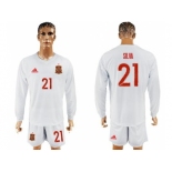 Spain #21 Silva White Away Long Sleeves Soccer Country Jersey