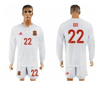 Spain #22 Isco White Away Long Sleeves Soccer Country Jersey