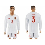 Spain #3 Pique White Away Long Sleeves Soccer Country Jersey