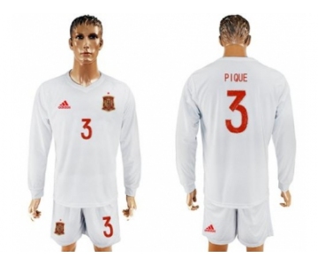 Spain #3 Pique White Away Long Sleeves Soccer Country Jersey