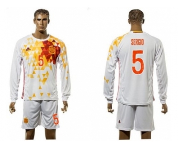 Spain #5 Sergio White Away Long Sleeves Soccer Country Jersey1