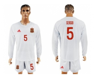 Spain #5 Sergio White Away Long Sleeves Soccer Country Jersey