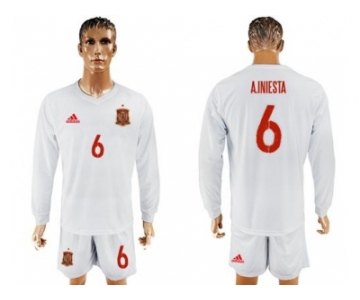 Spain #6 A.Iniesta White Away Long Sleeves Soccer Country Jersey