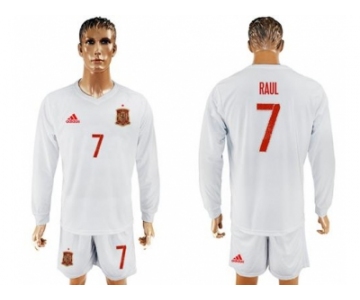 Spain #7 Raul White Away Long Sleeves Soccer Country Jersey