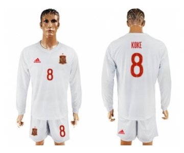 Spain #8 Koke White Away Long Sleeves Soccer Country Jersey