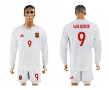 Spain #9 Paco Alcacer White Away Long Sleeves Soccer Country Jersey