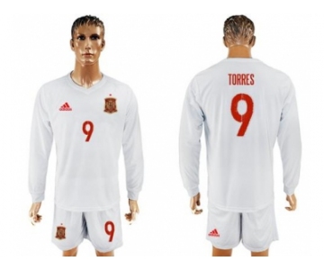 Spain #9 Torres White Away Long Sleeves Soccer Country Jersey