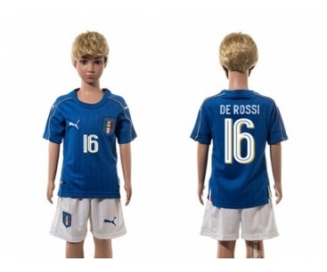 Italy #16 De Rossi Blue Home Kid Soccer Country Jersey