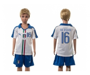 Italy #16 De Rossi White Away Kid Soccer Country Jersey