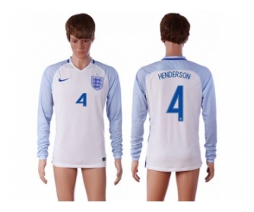 England #4 Henderson Home Long Sleeves Soccer Country Jersey