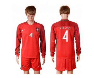 Portugal #4 Veloso Home Long Sleeves Soccer Country Jersey