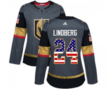 Women Adidas Vegas Golden Knights #24 Oscar Lindberg Authentic Gray USA Flag Fashion NHL Jersey