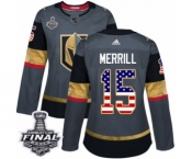 Women's Adidas Vegas Golden Knights #15 Jon Merrill Authentic Gray USA Flag Fashion 2018 Stanley Cup Final NHL Jersey