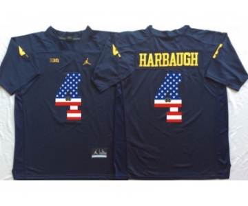 Michigan Wolverines #4 Jim Harbaugh Navy USA Flag College Jersey