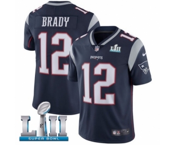 Men's Nike New England Patriots #12 Tom Brady Navy Blue Team Color Vapor Untouchable Limited Player Super Bowl LII NFL Jersey