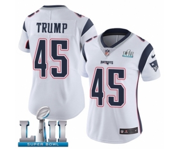 Women's Nike New England Patriots #45 Donald Trump White Vapor Untouchable Limited Player Super Bowl LII NFL Jersey