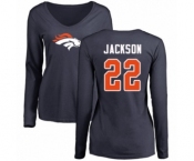 Football Women's Denver Broncos #22 Kareem Jackson Navy Blue Name & Number Logo Long Sleeve T-Shirt