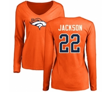 Football Women's Denver Broncos #22 Kareem Jackson Orange Name & Number Logo Long Sleeve T-Shirt