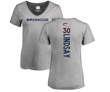 NFL Women's Nike Denver Broncos #30 Phillip Lindsay Ash Backer V-Neck T-Shirt