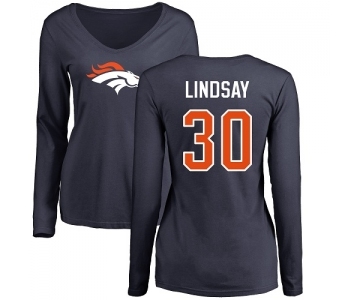 NFL Women's Nike Denver Broncos #30 Phillip Lindsay Navy Blue Name & Number Logo Long Sleeve T-Shirt