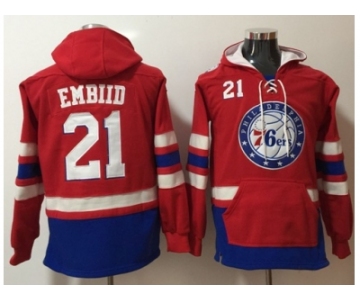 Philadelphia 76ers #21 Joel Embiid Red Name & Number Pullover NBA Hoodie