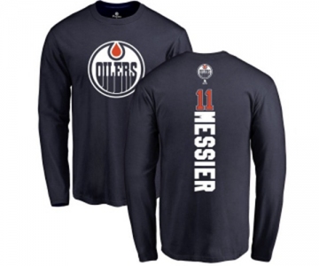 NHL Adidas Edmonton Oilers #11 Mark Messier Navy Blue Backer Long Sleeve T-Shirt