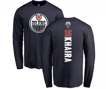 NHL Adidas Edmonton Oilers #16 Jujhar Khaira Navy Blue Backer Long Sleeve T-Shirt