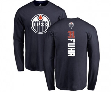 NHL Adidas Edmonton Oilers #31 Grant Fuhr Navy Blue Backer Long Sleeve T-Shirt