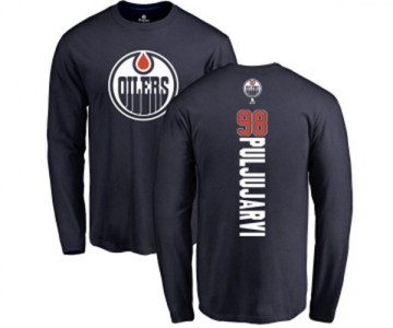 NHL Adidas Edmonton Oilers #98 Jesse Puljujarvi Navy Blue Backer Long Sleeve T-Shirt