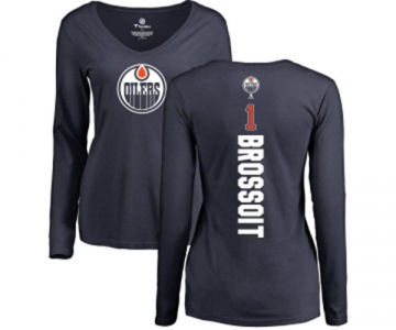 NHL Women Adidas Edmonton Oilers #1 Laurent Brossoit Navy Blue Backer Slim Fit Long Sleeve T-Shirt