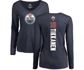 NHL Women Adidas Edmonton Oilers #10 Esa Tikkanen Navy Blue Backer Slim Fit Long Sleeve T-Shirt