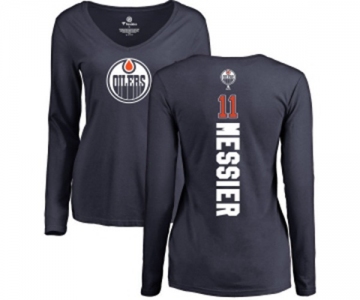 NHL Women Adidas Edmonton Oilers #11 Mark Messier Navy Blue Backer Slim Fit Long Sleeve T-Shirt