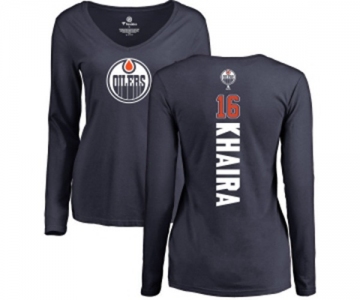 NHL Women Adidas Edmonton Oilers #16 Jujhar Khaira Navy Blue Backer Slim Fit Long Sleeve T-Shirt