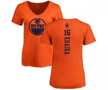 NHL Women Adidas Edmonton Oilers #16 Jujhar Khaira Orange One Color Backer Slim Fit V-Neck T-Shirt