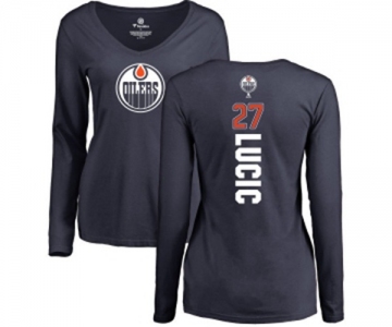 NHL Women Adidas Edmonton Oilers #27 Milan Lucic Navy Blue Backer Slim Fit Long Sleeve T-Shirt