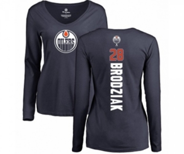 NHL Women Adidas Edmonton Oilers #28 Kyle Brodziak Navy Blue Backer Slim Fit Long Sleeve T-Shirt