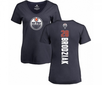 NHL Women Adidas Edmonton Oilers #28 Kyle Brodziak Navy Blue Backer Slim Fit V-Neck T-Shirt